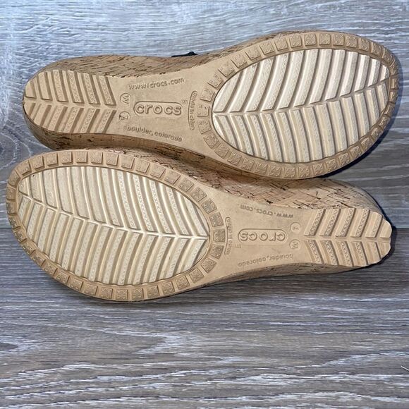 Crocs A-Leigh Cork Wedge Black Leather Strappy Women’s Size 9 Slip On Sandals - Picture 7 of 10